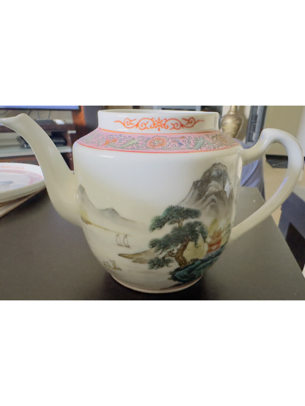 TEAPOT vtg chinese pottery famille rose porcelain pagoda mountain boat scene